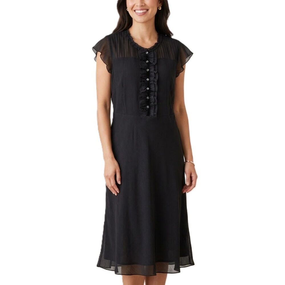 Style & Co Petite Women Black Dress Size 12P Ruffle Front Cap Sleeve Lined